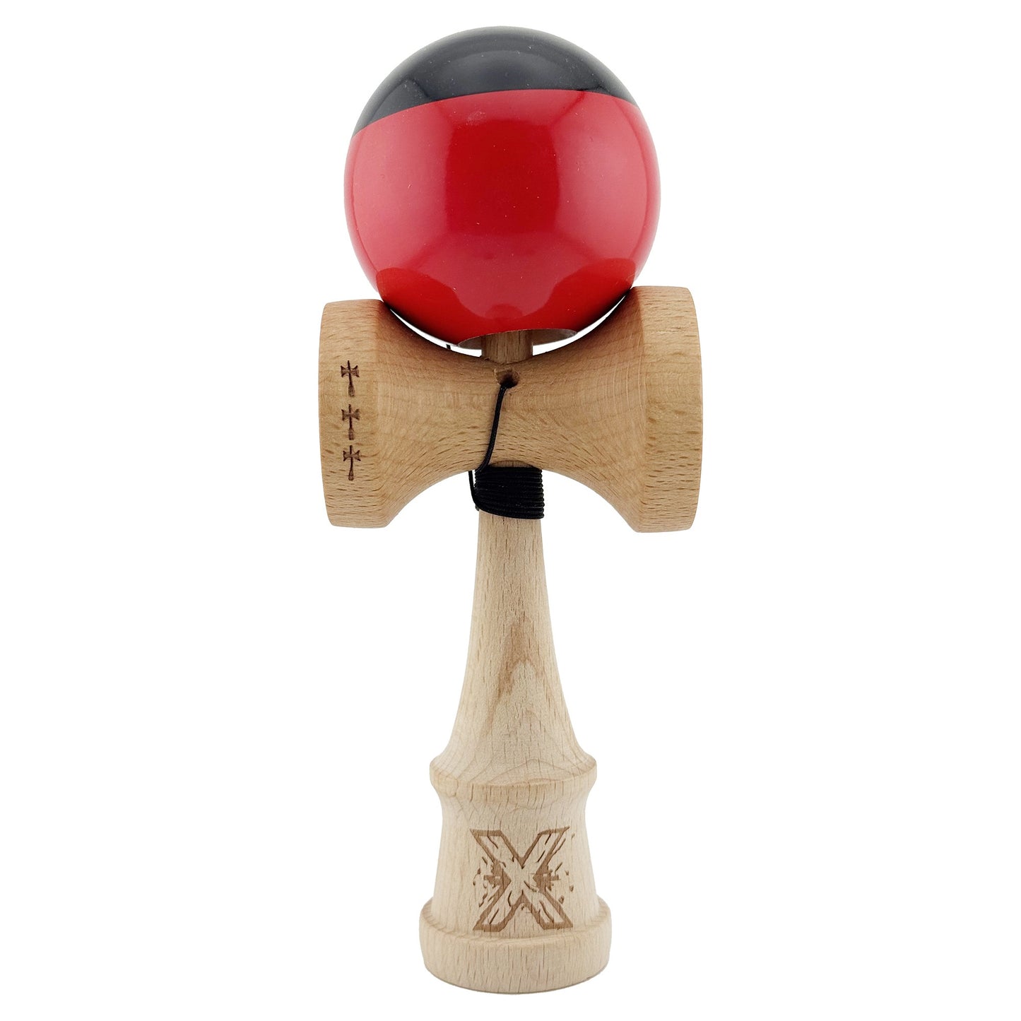 Kendama X Originala, Profesionala, Flippy, Big Cups V2, Super Sticky cu Cupe Mari, Rulment Metalic, din lemn 18 cm, Ata 55 cm, Negru/Rosu