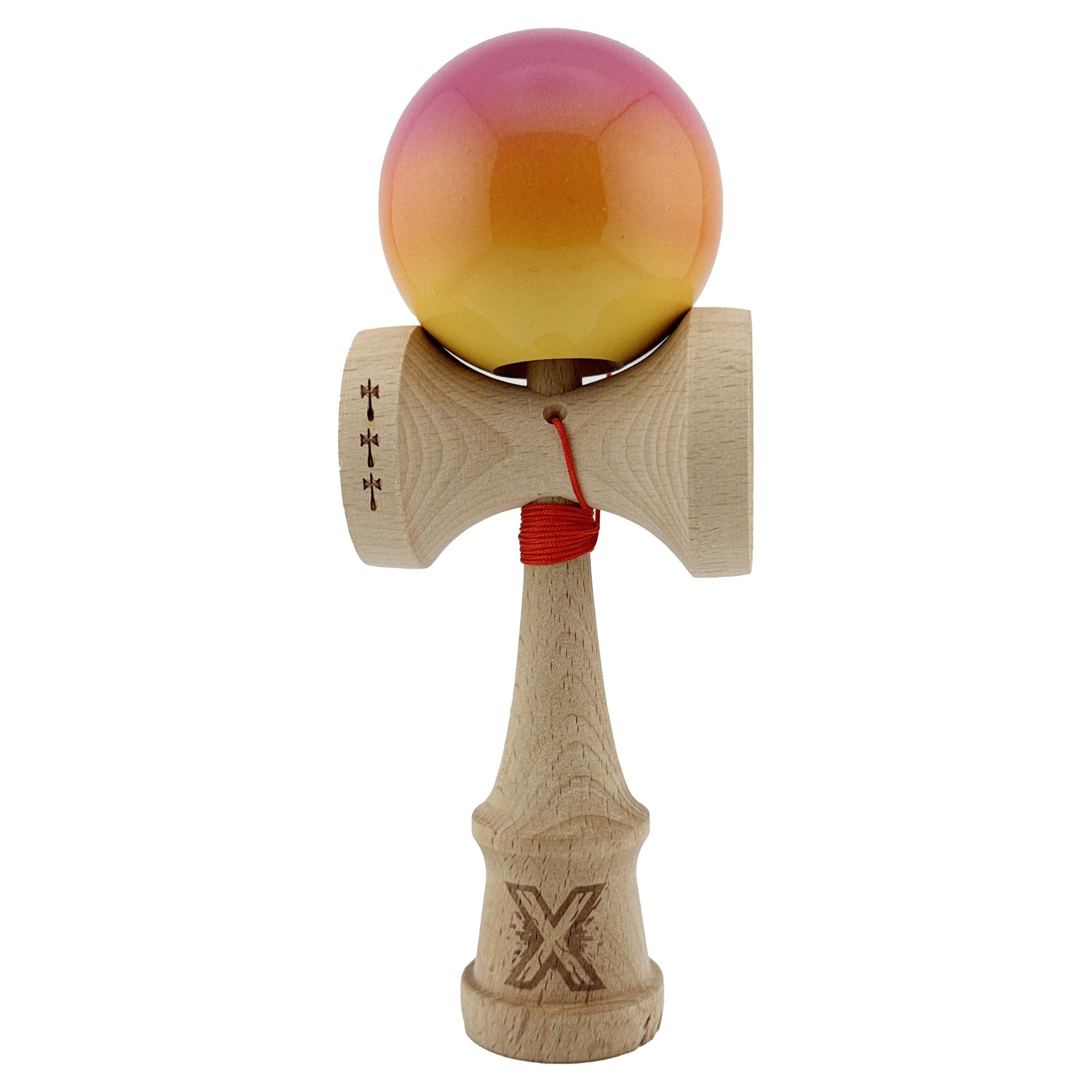 Kendama X Originala, Profesionala, Flippy, Big Cups V2, Super Sticky Cupe Mari, Rulment Metalic cu Ata 55 cm, Roz/Portocaliu/Galben