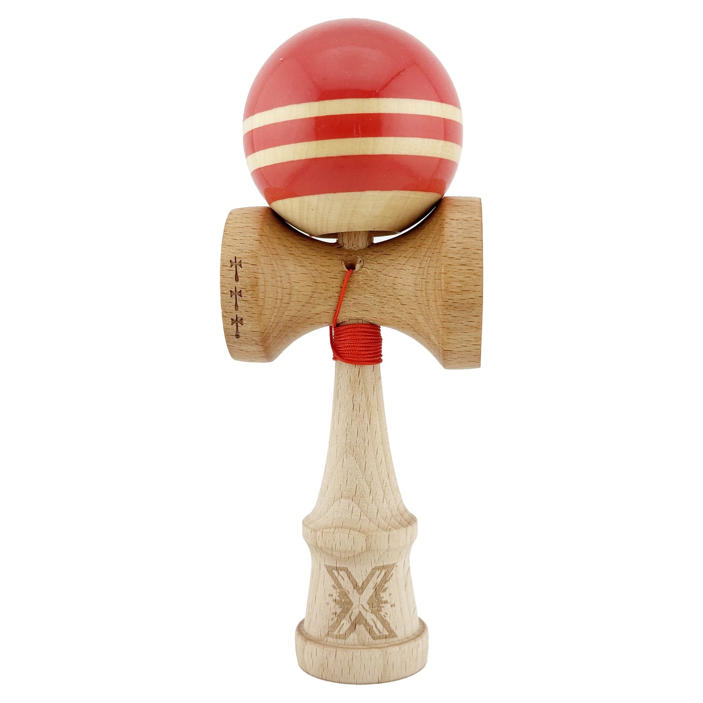Kendama X Rainbow Originala, Profesionala, Flippy, Big Cups V2, Super Sticky cu Cupe Mari, Rulment Metalic, din lemn 18 cm, Ata 55 cm, Rosu/Maro