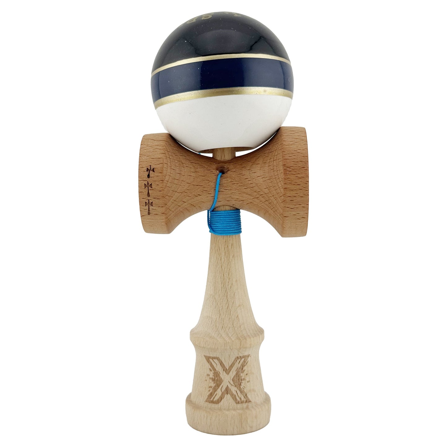 Kendama X ROYAL SPIKE Originala, Profesionala, Flippy, Big Cups V2, Super Sticky cu Cupe Mari, Rulment Metalic, din lemn 18 cm, Ata 55 cm, Negru/Dark Blue Gold/Alb