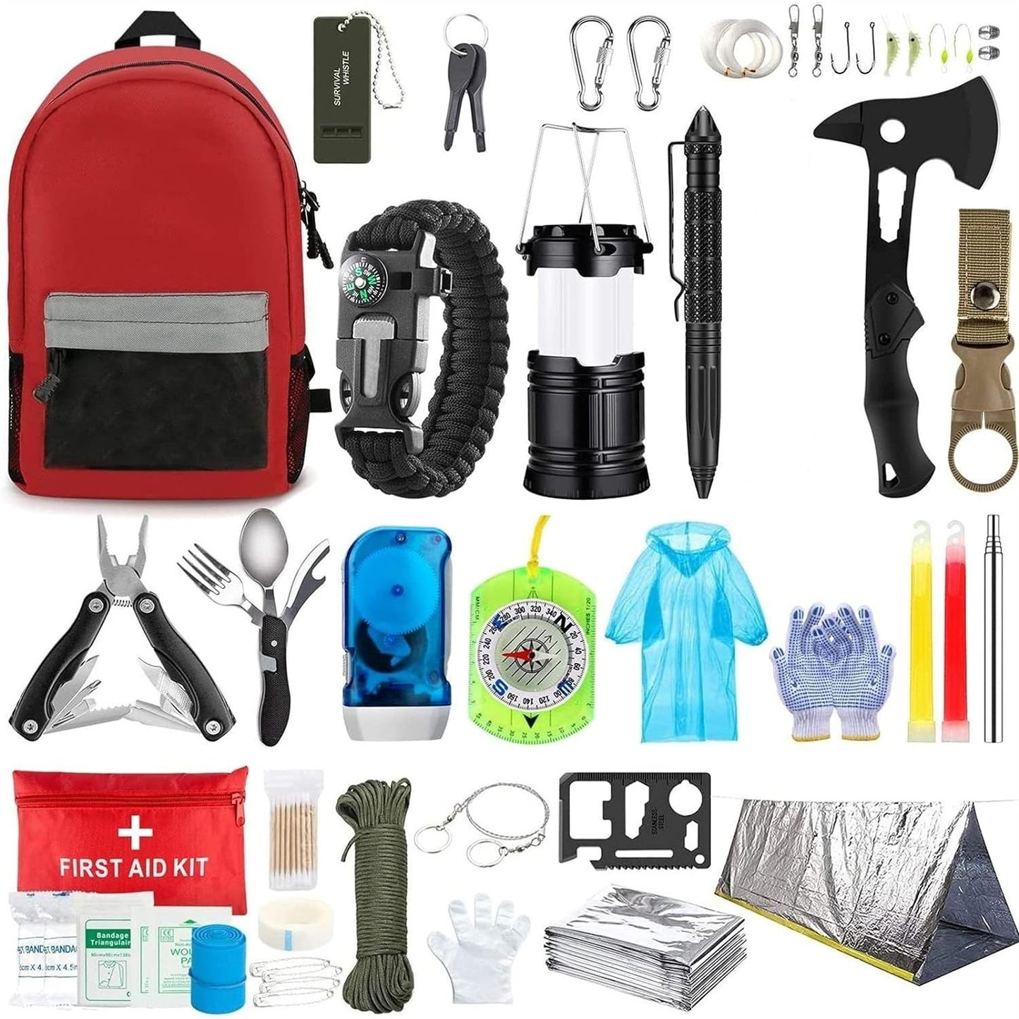 Kit supravietuire multifunctional Flippy, Instrumente profesionale, Agatatoare ghiozdan, pentru Camping, Drumetii, Aventuri in aer liber, borseta inclusa, gri