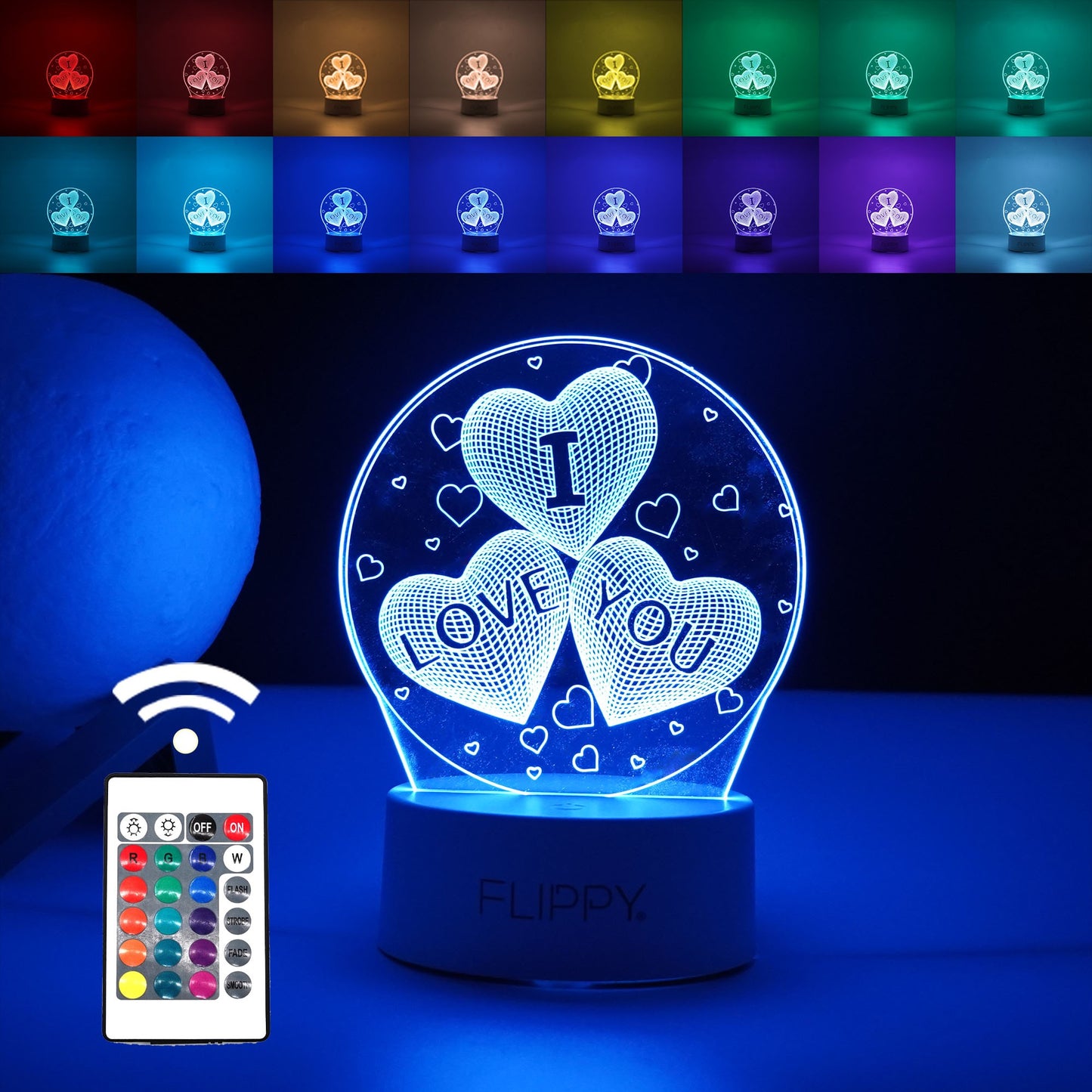 Lampa LED decorativa, Flippy, 3D, cu text "I love you", doua moduri de alimentare USB si baterii, 20 cm inaltime, din material acril si lumina multicolora, alb