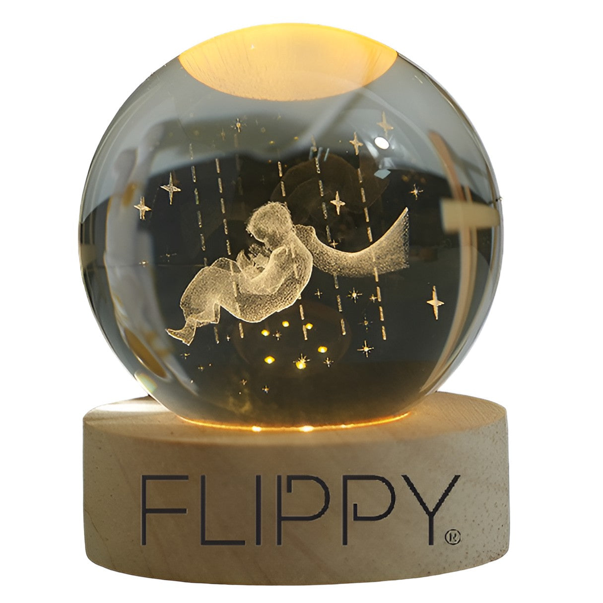 Lampa LED Decorativa, Flippy, cu Bila de Cristal cu Diametru 6cm, Model Micul Print 3D, Alimentare USB, Suport din Lemn, Lumina Alb Cald