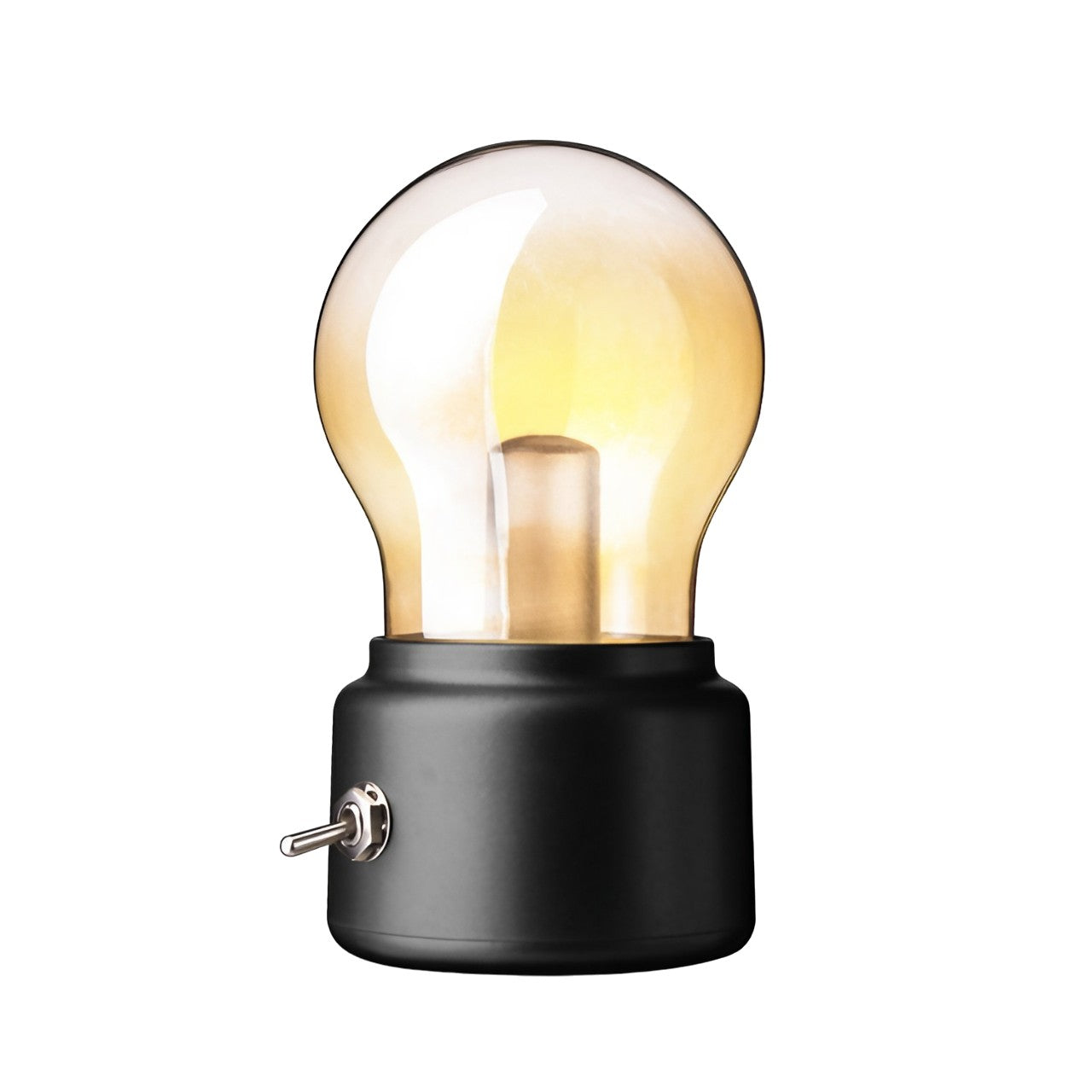 Lampa LED Decorativa sub forma de Bulb, Retro pentru interior, Negru/ Transparent, 5 V, 500 mA, ABS, Lumina Calda, Incarcare USB, Autonimie 12 Ore, Comutator Metalic, Flippy, 11x7x6 cm