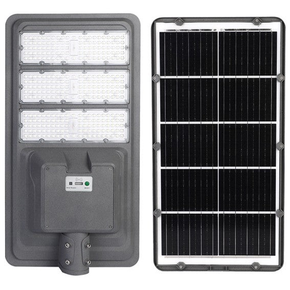 Lampa solara stradala Flippy, IP65, senzor de lumina, 306 LED-uri SMD, 3000 lm, panou 40W, putere 300W, autonomie 12-16 ore, telecomanda, montare prin fixare, pentru strada sau gradina, finisaj mat, material ABS, 70.3 x 36.5 x8.7 cm, lumina alb rece, gri