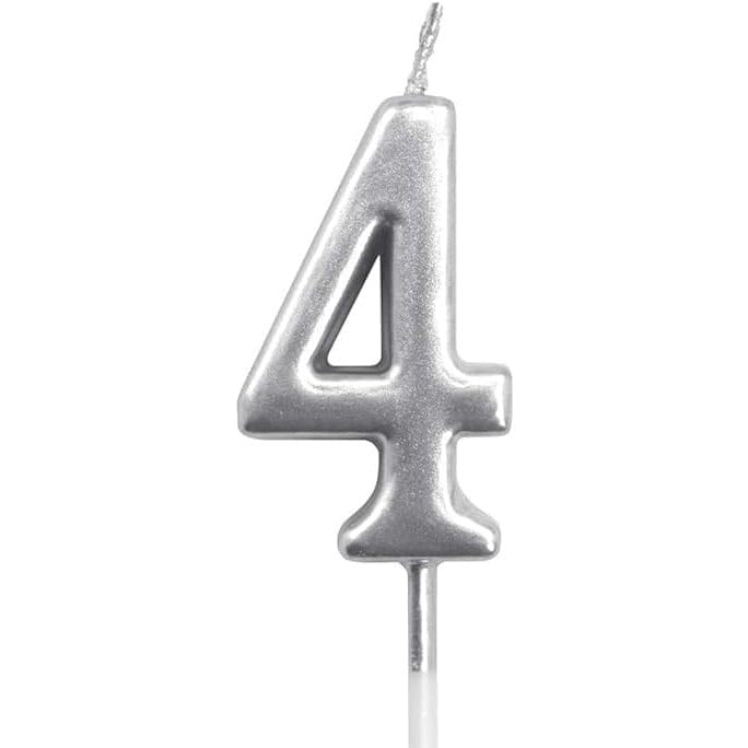 Lumanare de Tort, Flippy, Model Cifra 4, Party, 4.5 x 2.5 cm, din Parafina, Argintiu