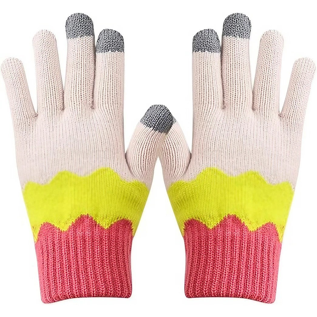 Manusi de Dama, Flippy, Model Ondulat, Functie Touchscreen (ecran tactil), Material Acril Tricotat, Manseta Elastica, Interior Catifelat, Marime Universala, Galben/Roz