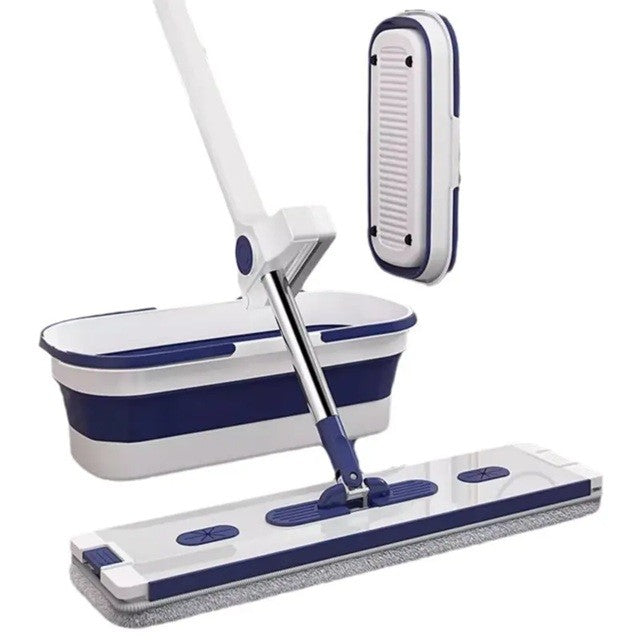 Mop Plat, Flippy, cu Galeata Pliabila, 2 Rezerve din Microfibra, 127 cm Tija Telescopica, Utilizare Umeda/Uscata, Recipient Lichid, Albastru
