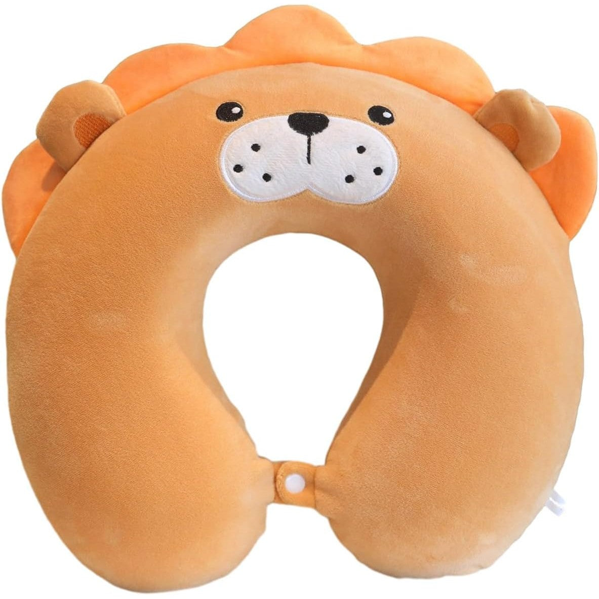 Perna de Calatorie in Forma de U, Flippy, Pentru Gat si Cap, Umplutura din Spuma cu Memorie, 30x30 cm, Model Leu, Accesoriu de Voiaj, Birou, Masina, Sistem Prindere Capse, Maro