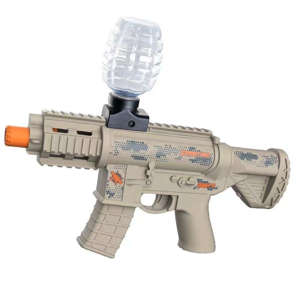 Mitraliera de jucarie electrica Flippy cu bile de hidrogen de gel, gun bluster, tragere in rafala, varsta peste 6 ani, 2 in 1 bile si ventuze, ochelari de protectie, 5000 de bile incluse, cablu de incarcare, 27x31.5 cm, Mp9, crem