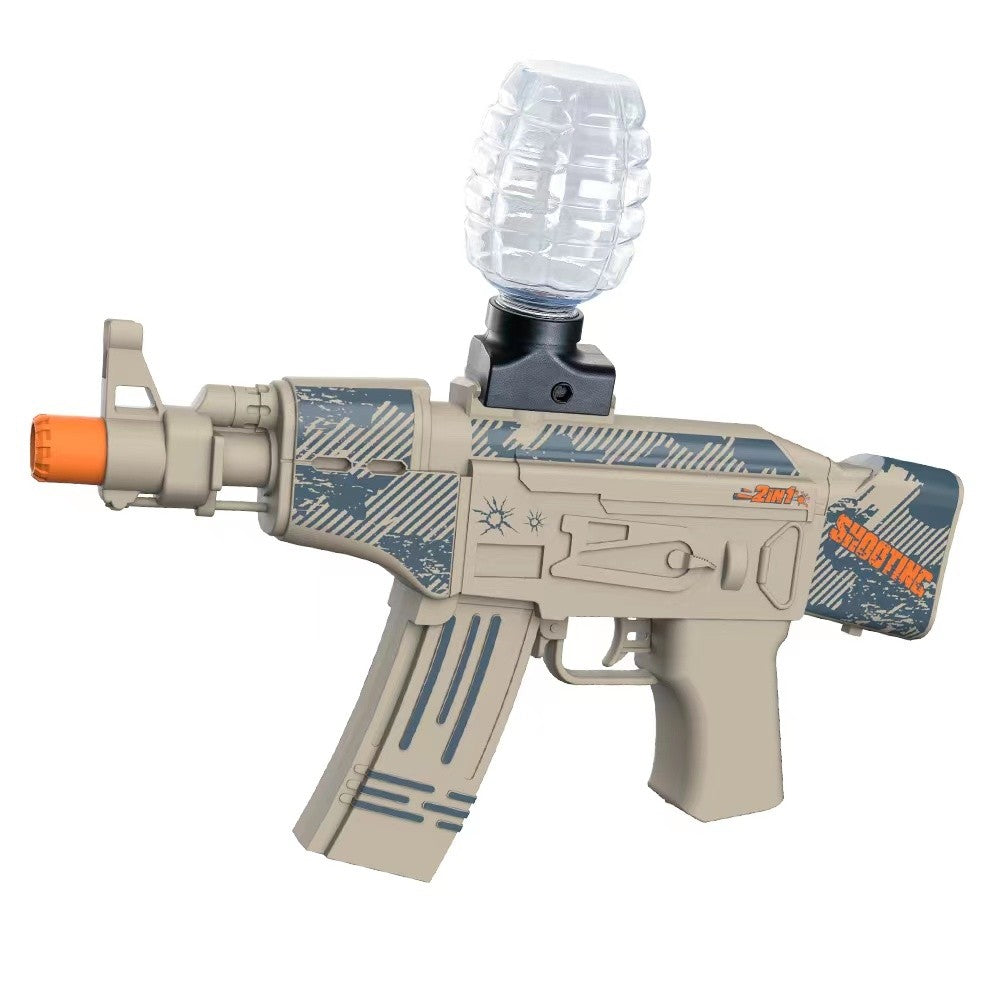 Mitraliera de jucarie electrica Flippy cu bile de hidrogen de gel, gun bluster, tragere in rafala, varsta peste 6 ani, ochelari de protectie, 5000 de bile incluse, cablu de incarcare, 28x31 cm, AK47, crem