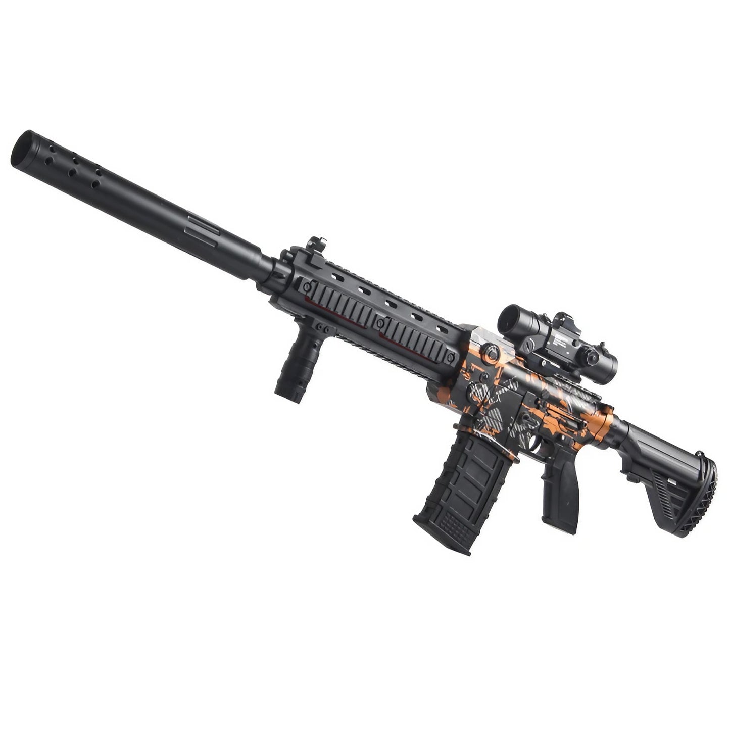 Pusca de Jucarie M416 Ultrarealista, Flippy, cu Luneta, 10 de Proiectile din Spuma Moale, fara Cartuse, 95 cm, 8 ani+, Negru Portocaliu