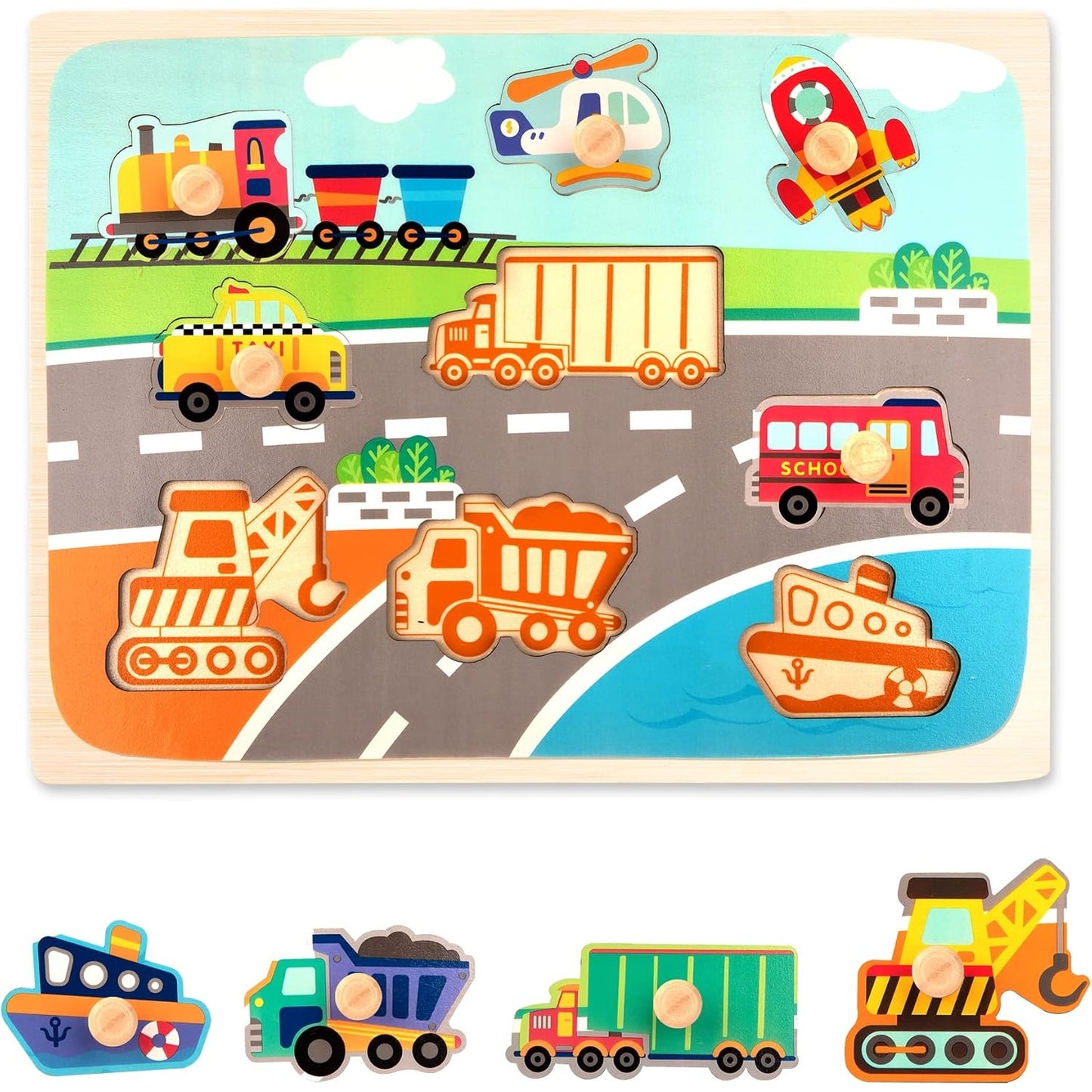 Puzzle Montessori din Lemn pentru Copii, Flippy, 0-3 Ani, 3D, Model Transporturi, Educativ, Intuitiv, Creativ, 9 Piese, 30x22.5x0.8 cm, Multicolor