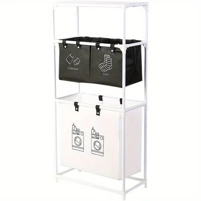 Cos de Rufe, Flippy, 3 Rafturi, 3 Cosuri, Cadru de Otel Inoxidabil, 123x28x57 cm, Alb