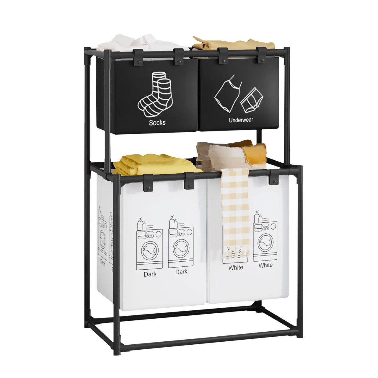 Cos de Rufe, Flippy, cu 2 Etaje, 4 Cosuri, Cadru de Otel Inoxidabil, 97x44x57 cm, Negru