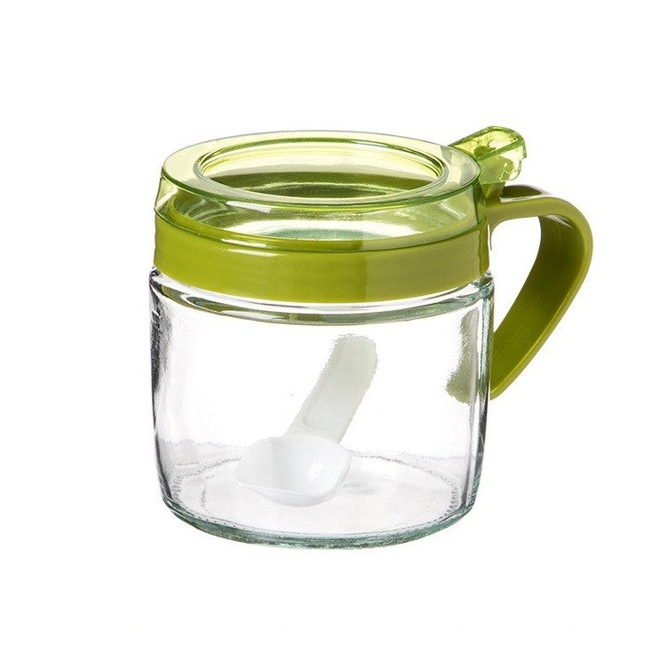 Recipient Condimente, Flippy, din Stilca, 180 ml, cu Maner si Lingurita, 8 x 9 cm, Capac Transparent, Verde
