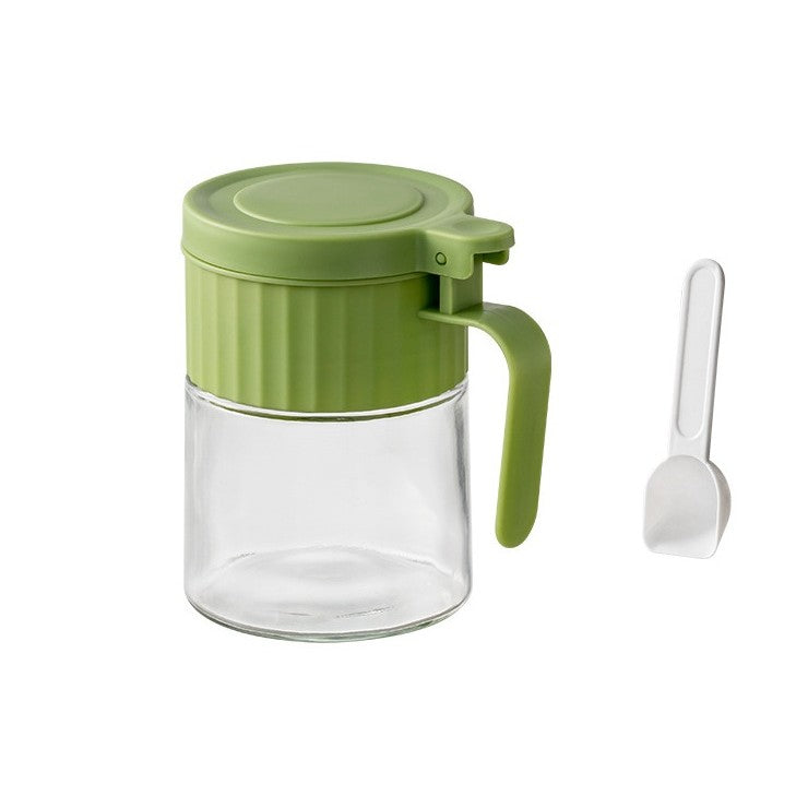 Recipient Condimente, Flippy, din Stilca, 180 ml, cu Maner si Lingurita, 10.6 x 7 x 7 cm, Capac Mat, Verde