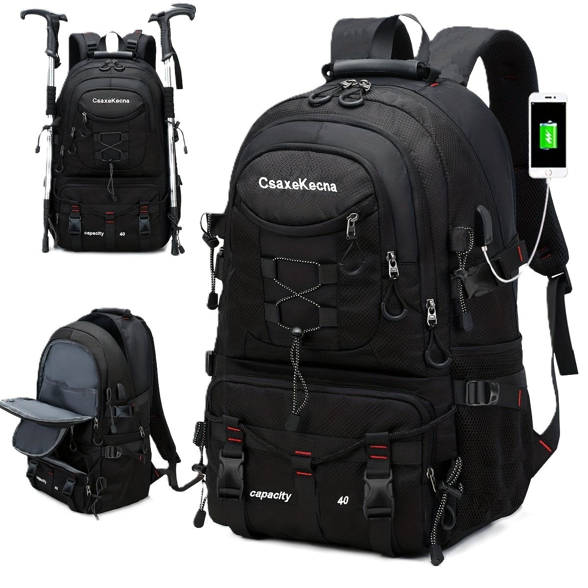 Rucsac Multifunctional de Alpinism, Flippy, Capacitate 36-55 L, de Calatorie, Impermeabil, Slot USB Incarcare Telefon, Bretele Reglabile, 52 x 34 x 19 cm, Negru