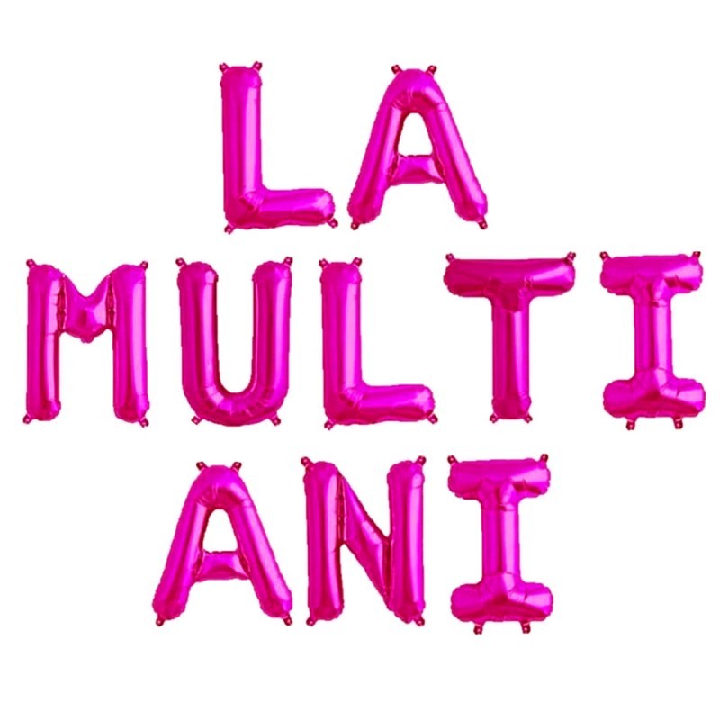 Set 10 Baloane din Folie Metalizata, Flippy, Figurine Litere, Model La multi ani, Tema Aniversare, 40 cm, Ambalaj Individual, Pai Inclus, Umflare cu Aer sau Heliu, Roz