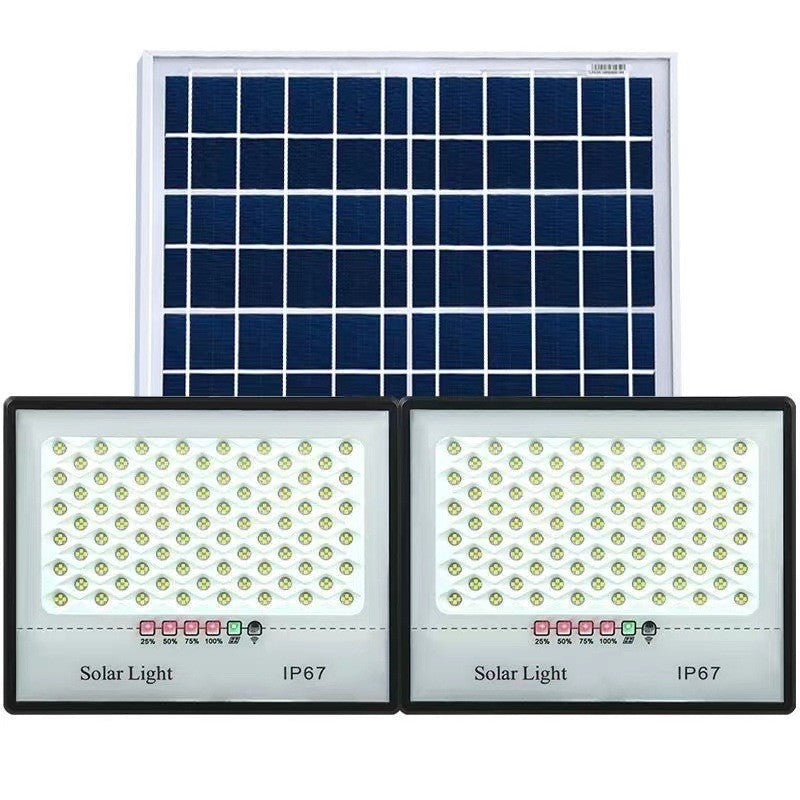 Set 2 proiectoare LED cu Panou Solar Flippy, Senzor de miscare, Telecomanda, Waterproof, 322*2 LED-uri incorporate, 200W, 30*24 cm, IP67, Design Modern, Negru
