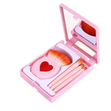 Set 4 Mini Pensule de Machiaj, Flippy, Portabile, in Carcasa cu Oglinda, din Par Sintetic Moale, Roz, Model cu Inima, 12x7x2.5 cm