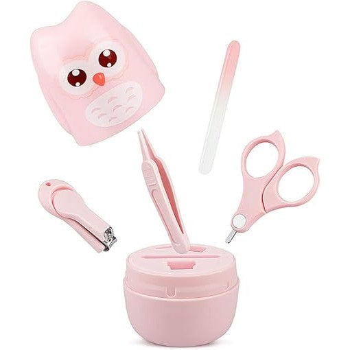 Set 4 Piese Ingrijire Unghii Bebelusi, Flippy, din ABS+Otel Inoxidabil, Cutie de Depozitare Tip Bufnita, de la 0 Luni, 11.5 x 5 x 11.5 cm, Roz