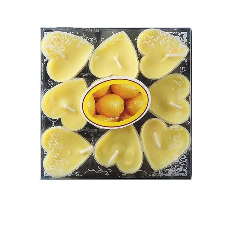 Set 9 Lumanari in Forma de Inima, Flippy, pentru Ziua Indragostitilor, Aroma de Citrice, Ardere 3.5 h, din Parafina, 4 x 2 cm, Galben
