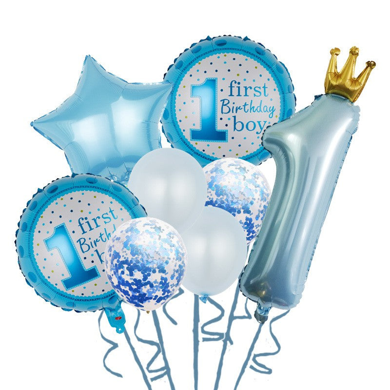 Set 8 Baloane din Folie Metalizată si din Latex, Flippy, Figurine Cifra 1 Printesa 91cm, Stea 45 cm si Cerc 55 cm, Baloane Latex 30 cm, Tema Prima Aniversare, Ambalaj Individual, Pai Inclus, Umflare cu Aer sau Heliu, Albastru