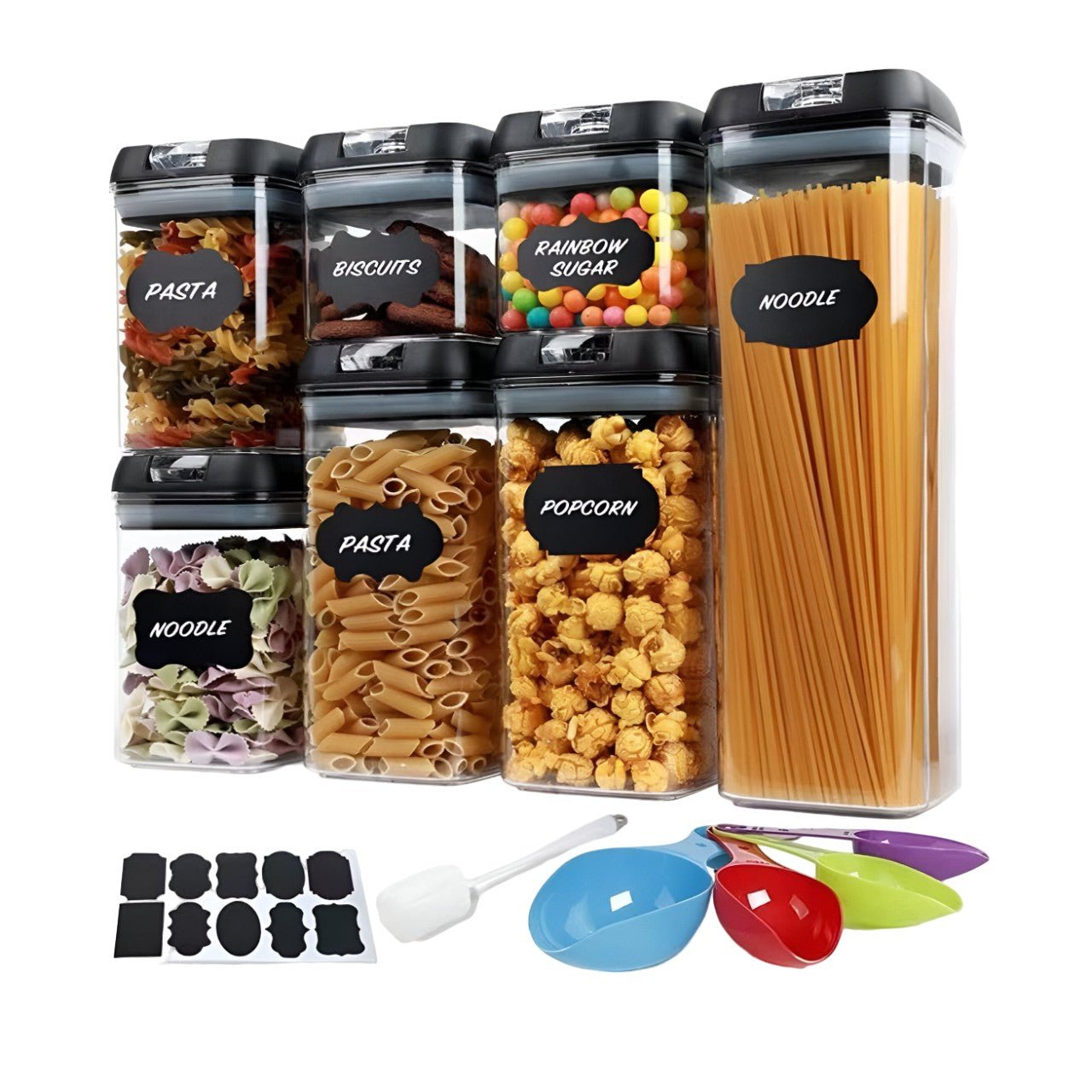 Set Cutii de Depozitare a Alimentelor, Flippy, 7 Recipiente, 10 Etichete Reutilizabile, 4 Linguri, pentru Bucatarie, Spatula, Etansare, Fara BPA, Transparente, Capac Negru