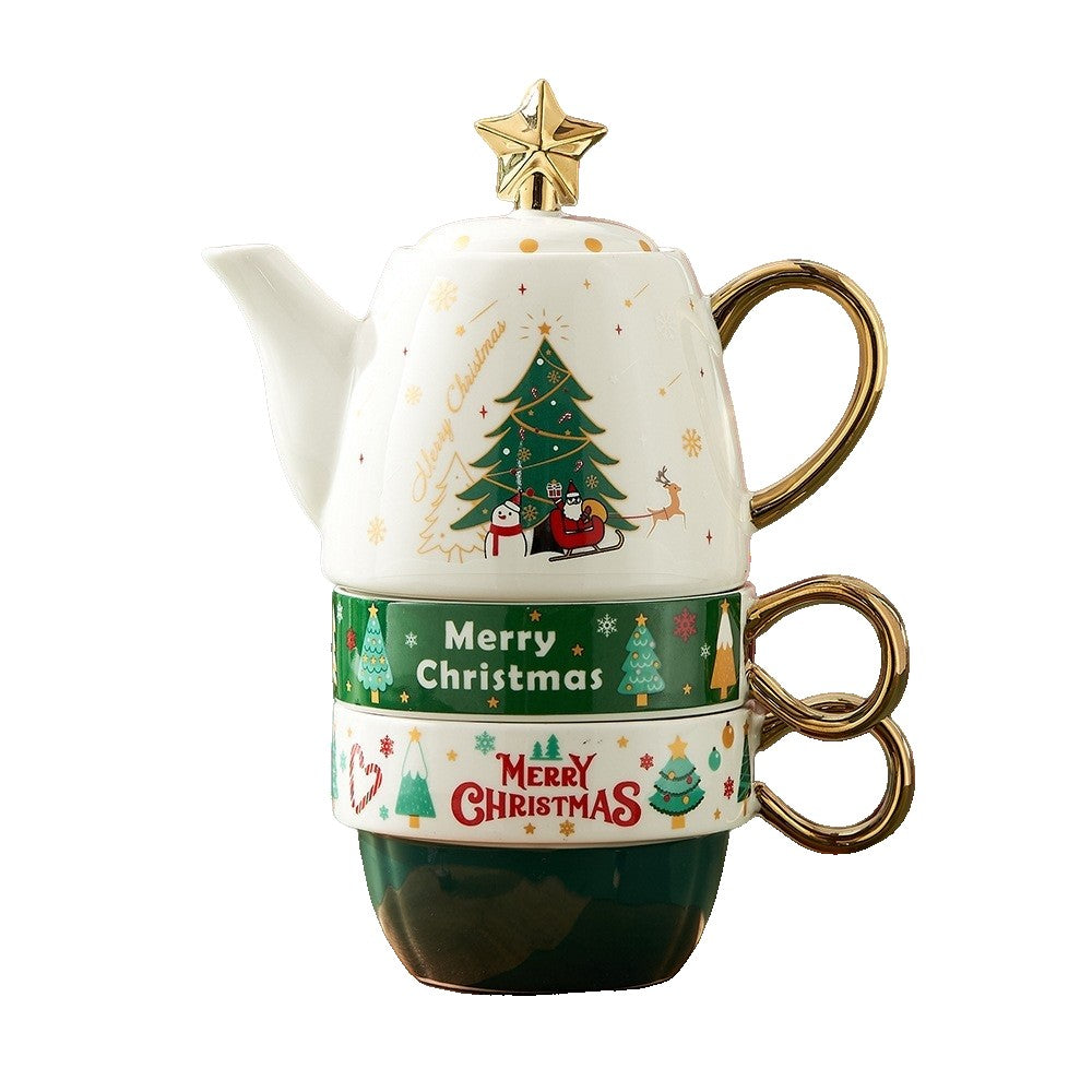 Set de Ceai, Flippy, Tema Craciun, Ceainic 450 ml, 2 x Cani 250 ml, din Ceramica, Model Brad de Craciun, Alb/Verde