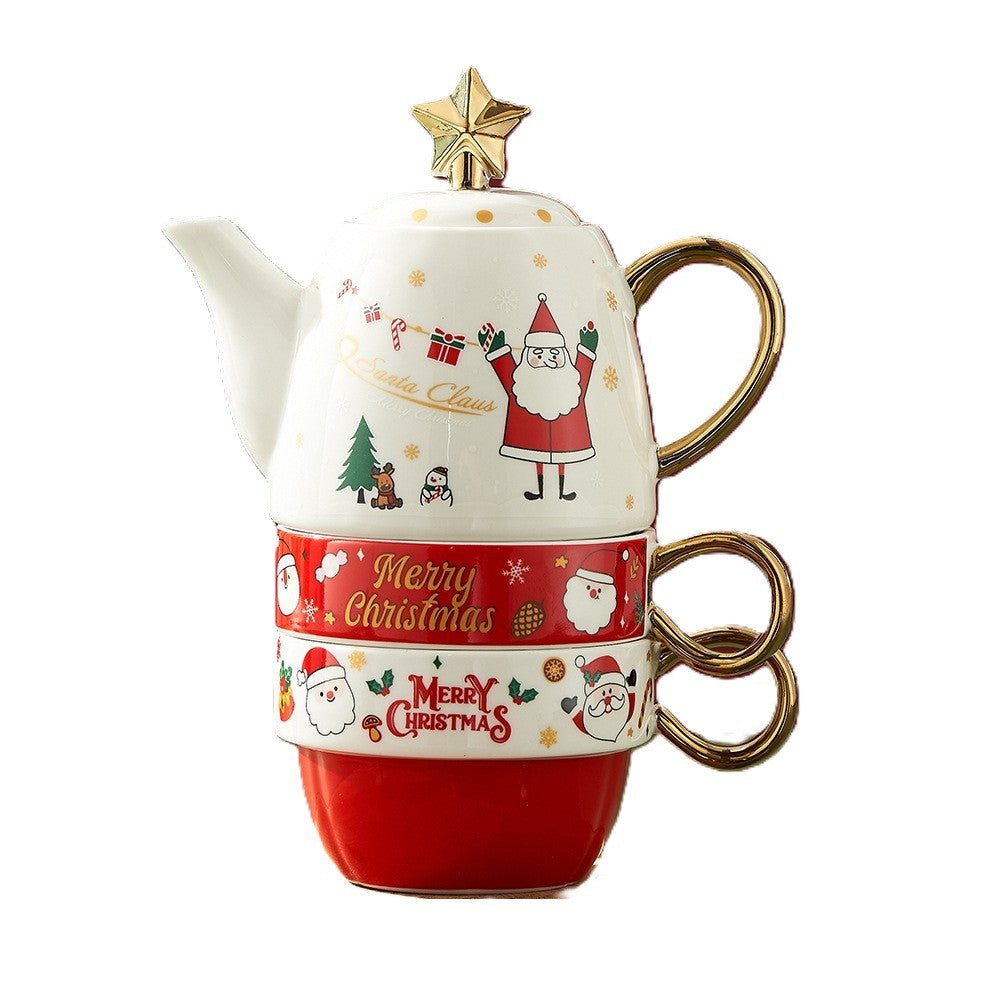 Set de Ceai, Flippy, Tema Craciun, Ceainic 450 ml, 2 x Cani 250 ml, din Ceramica, Model Mos Craciun/Santa Claus, Alb/Rosu