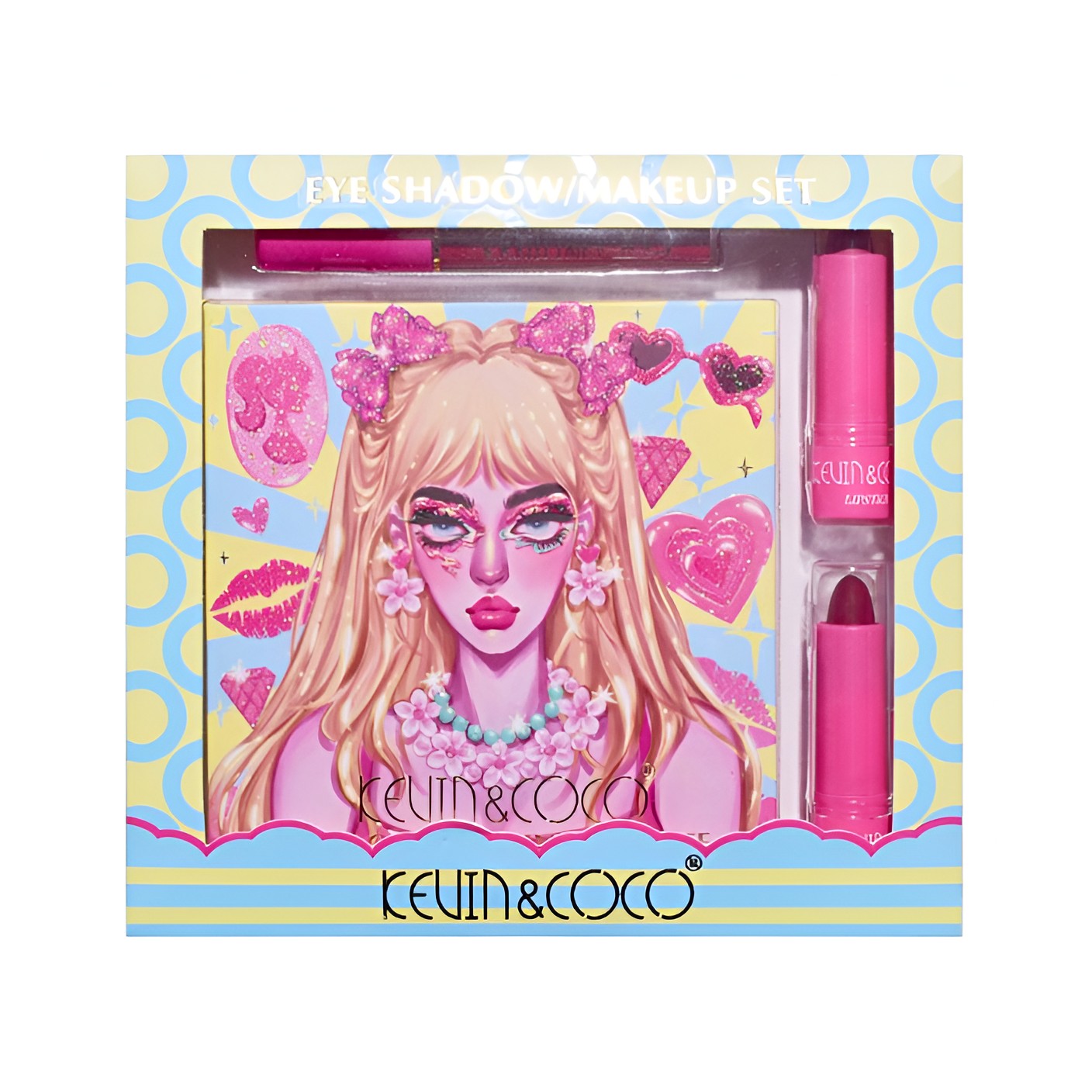 Set de Machiaj, Kevin & Coco, 26 de Culori, Pigmentate, Fard de ochi, Ruj, Gloss, Fard Obraz, 19x18x2 cm, Diferite Nuante