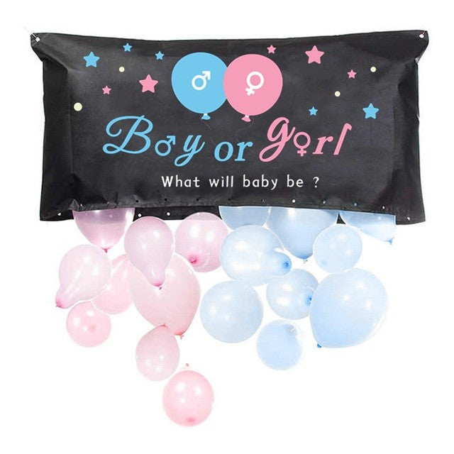 Set Gender Reveal, Flippy, Balloon Drop Bag, din Plastic si Latex, 24 Baloane Roz si Albastru 13 cm, Sac pentru Baloane 60 x 120 cm, Multicolor
