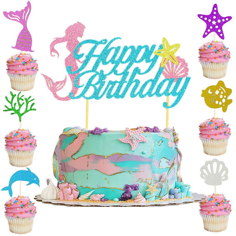 Set Toppere pentru Tort si Prajituri, Flippy, Tematica Sirena, Model Mare Scris Happy Birthday 16.5x8.2 cm, 6 Toppere Mici Model Marin 5x5 cm, Multicolor