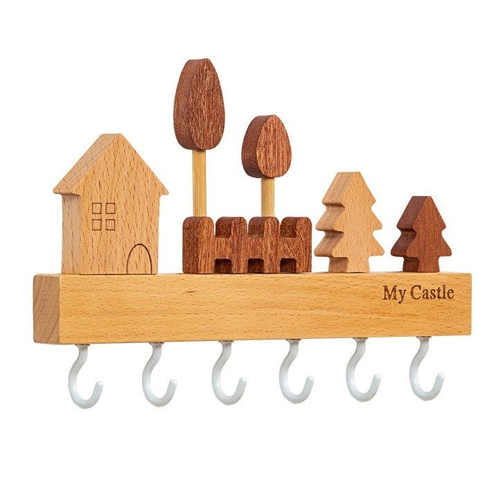 Suport pentru Chei, Flippy, din Lemn, Aplicare fara Perforare, Adeziv Inclus, 6 Carlige Albe, Model Casuta, Greutate Suportata 5 kg, 14.5 x 2 x 22.5 cm, Maro