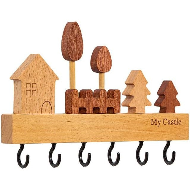 Suport pentru Chei, Flippy, din Lemn, Aplicare fara Perforare, Adeziv Inclus, 6 Carlige Negre, Model Casuta, Greutate Suportata 5 kg, 14.5 x 2 x 22.5 cm, Maro