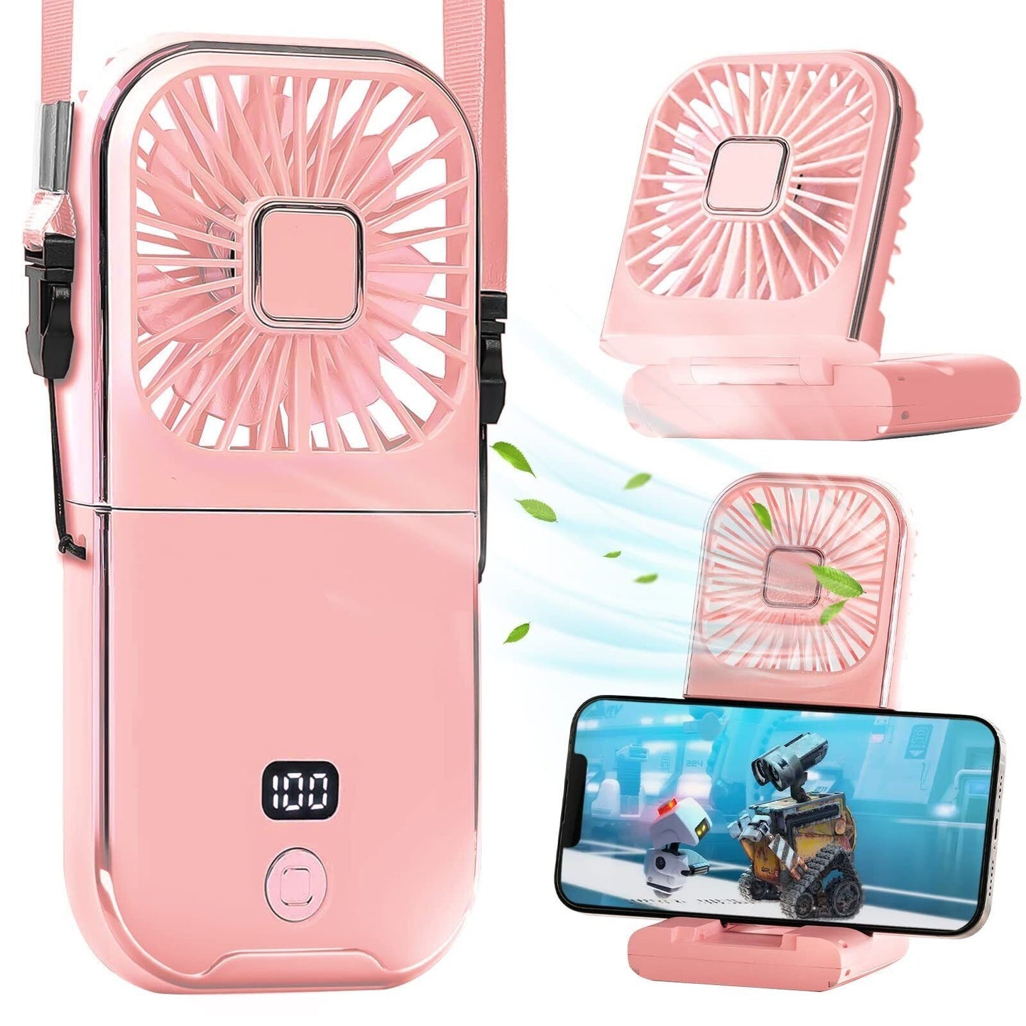 Ventilator Portabil Flippy, 3 in 1, de Mana, de Gat, de Birou, 16.7 x 8 x 1.9 cm, 3 Trepte de Viteza, Incarcare USB, Pliabil, Afisaj Digital, Suport Telefon, Roz