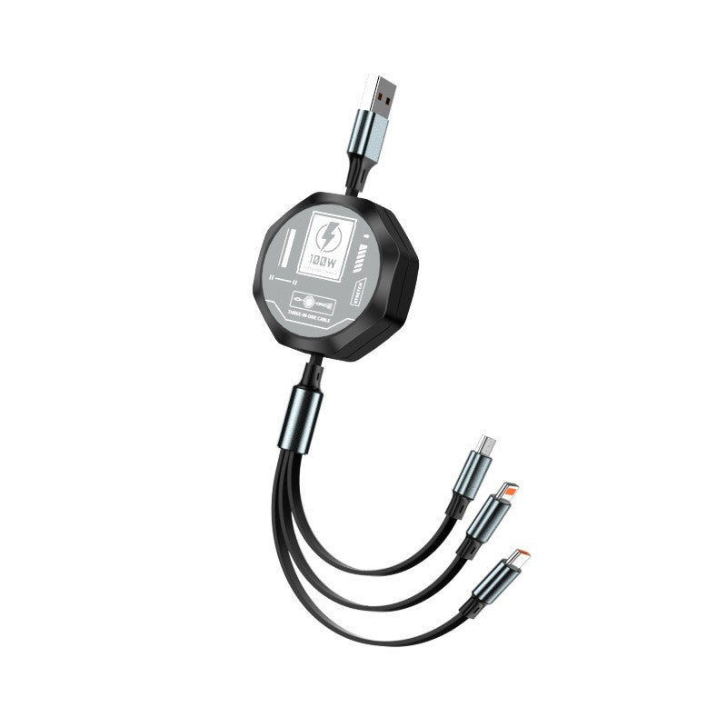 Cablu Retractabil 3in 1 pentru Telefon, Flippy, Cablu de incarcare rapida 100W, stil Mecha, potrivit pentru Auto, Universal 1.2M, Negru