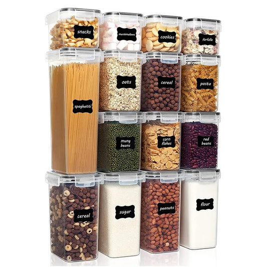 Cutii de depozitare alimente, Flippy, Set din 15 Cutii pentru Condimente, Cereale, Cutii pentru Bucatarie, din Plastic PP, Cutii Alimentare, Diferite Dimensiuni, Transparente