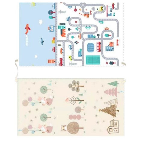 Covoras de Joaca pentru Copii Termic cu 2 Fete, Flippy, Model Vulpi si Pista de Masini, cu Spuma, Impermeabil, Antiderapant, 200cm x 160cm x 0.6cm