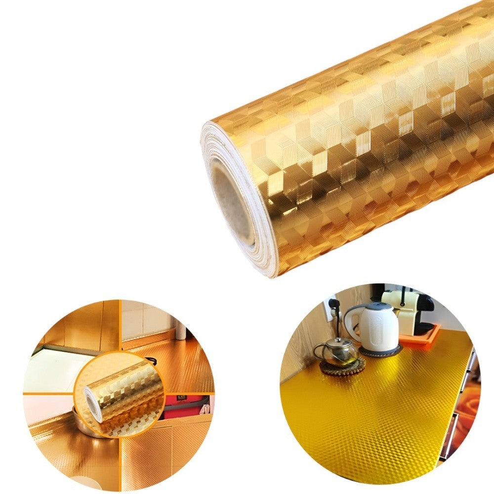 Autocolant de Bucatarie, Flippy, Autoadeziv, Impermeabil, Rezistent la Temperaturi Ridicate, din PVC, 60 x 100 cm, Model Cub 3D, Auriu