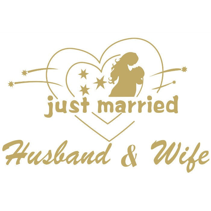 Sticker Autocolant, Flippy, Tematica Nunta, Model Indragostiti, cu Scris Just Married Husband&Wife, 21x29 cm, Auriu