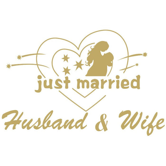 Sticker Autocolant, Flippy, Tematica Nunta, Model Indragostiti, cu Scris Just Married Husband&Wife, 21x29 cm, Auriu