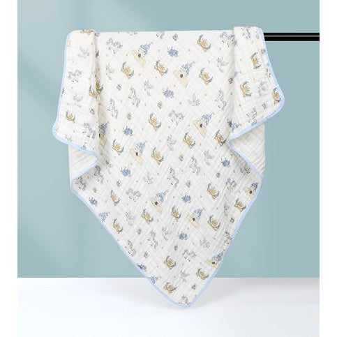 Prosop de baie din bumbac si tifon pentru Bebelusi, Flippy, cu Sase Straturi, pentru Copii, 110x110 cm, Model Unicorni, Bej Albastru