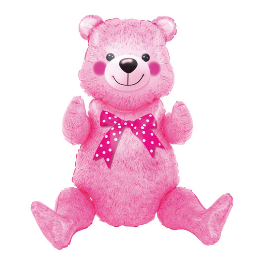 Balon din Folie Metalizata, Flippy, Figurina Animalute, Model Ursulet Asezat, Tematica Aniversare, 44x82.5 cm, Ambalaj Individual, Pai Inclus, Umflare cu Aer sau Heliu, Roz