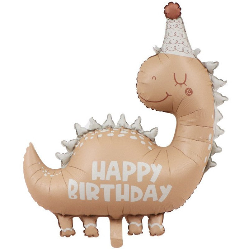 Balon din Folie Metalizata, Flippy, Figurina Animata, Model Dinozaur Happy Birthday, 80 x 77 cm, Ambalaj Individual, Pai Inclus, Umflare cu Aer sau Heliu, Maro