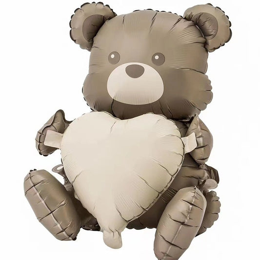 Balon din Folie Metalizata, Flippy, Figurina Animata, Model Ursulet cu Inima, 65 x 65 cm, Ambalaj Individual, Pai Inclus, Umflare cu Aer sau Heliu, Maro