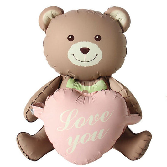 Balon din Folie Metalizata, Flippy, Figurina Animata, Model Ursulet cu Inimioare, 105.5 x 66.5 cm, Ambalaj Individual, Pai Inclus, Umflare cu Aer sau Heliu, Maro