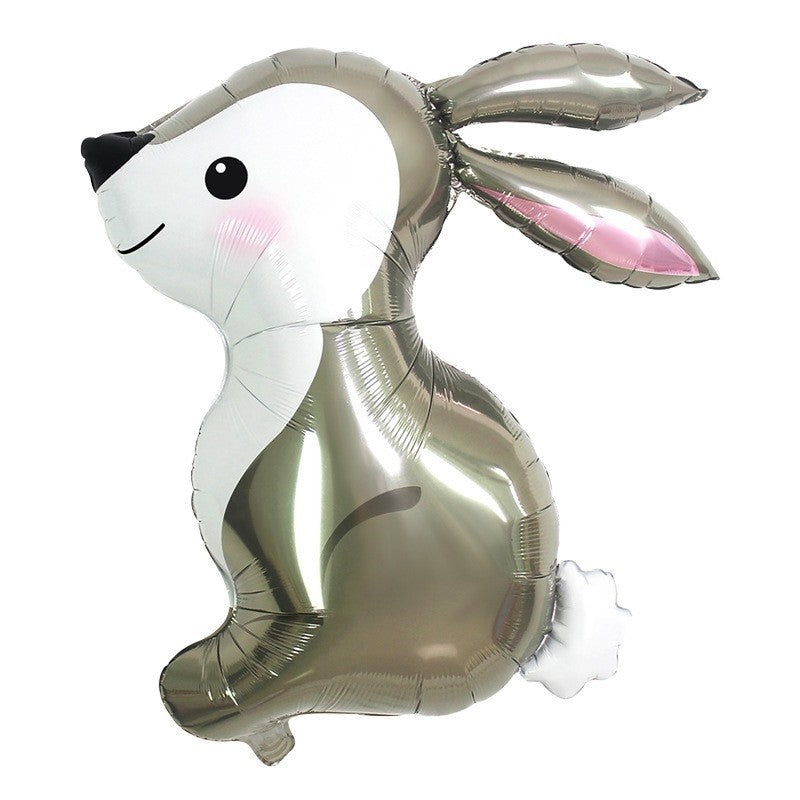 Balon din Folie Metalizata, Flippy, Ambalaj Individual, Pai Inclus, Model Iepure, Tema Animalute, 56x73 cm, Umflare cu Aer sau Heliu, Gri