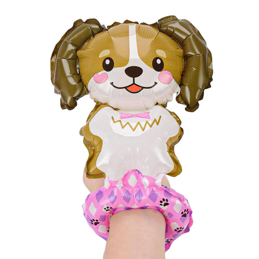 Balon din Folie Metalizata, Flippy, Figurine Animalute, Tip Bratara, Model Catel, 13 x 35 cm, Ambalaj Individual, Pai Inclus, Umflare cu Aer sau Heliu, Maro